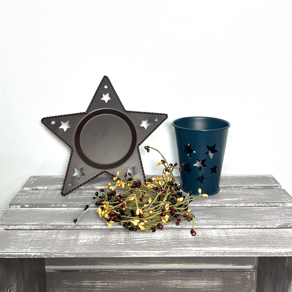 Farmhouse Country Star Candle Holder & Blue Metal Votive Holder/Garland Set of 3